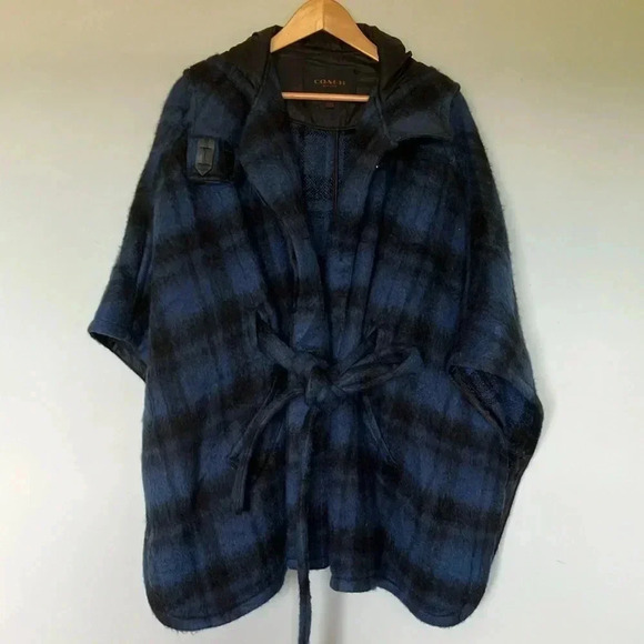 Coach New York blue black plaid wool alpaca cape belted belt hooded  hood jacket - Picture 4 of 11